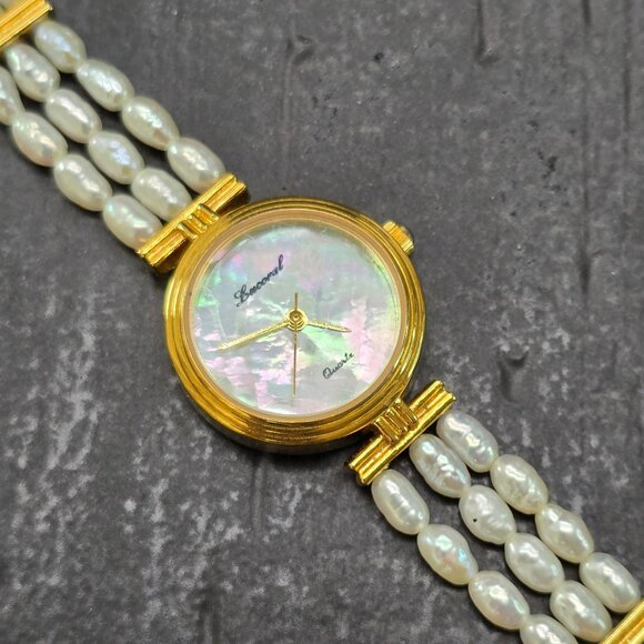 Lucoral Vintage Womens Pearl Strand Watch Quartz Gold-Tone Case MOP Dial HS211 - Picture 1 of 6
